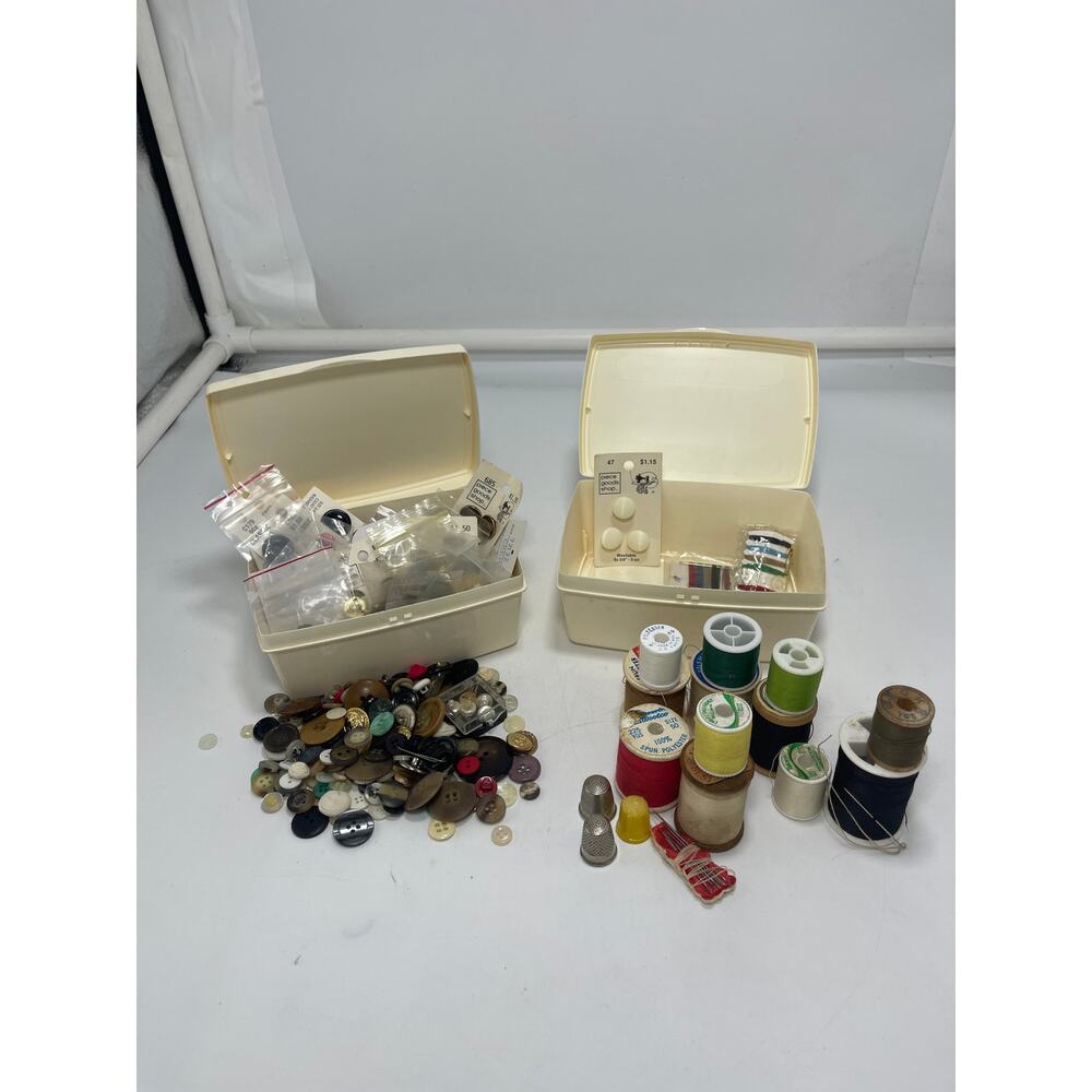 Vintage Lot of Mixed Sewing Notions, Buttons, Thread, @More